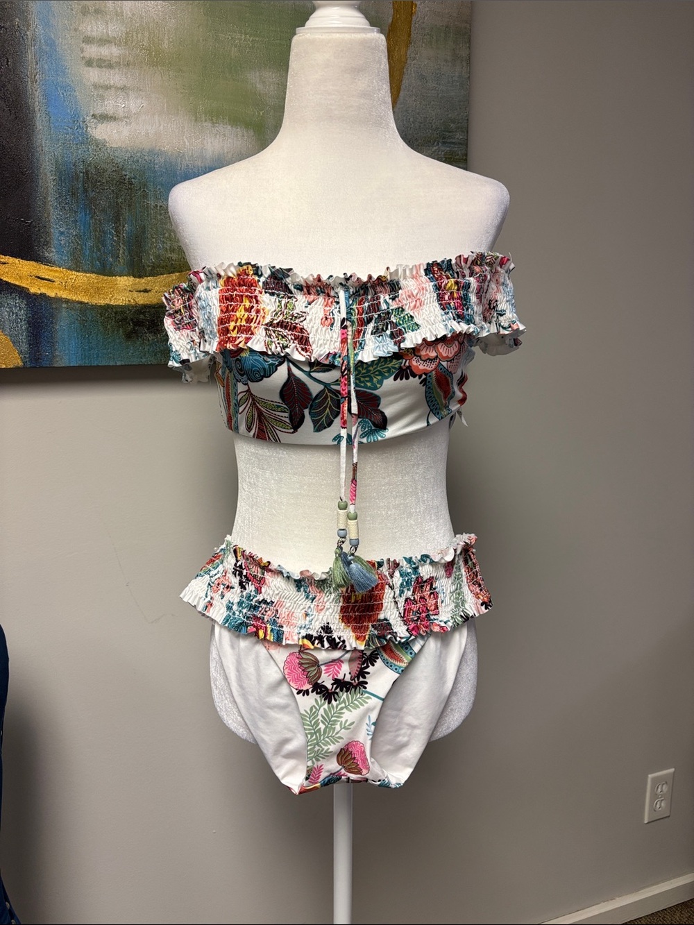 Floral Smocked Off-Shoulder Bikini Set - White with Multicolor Print